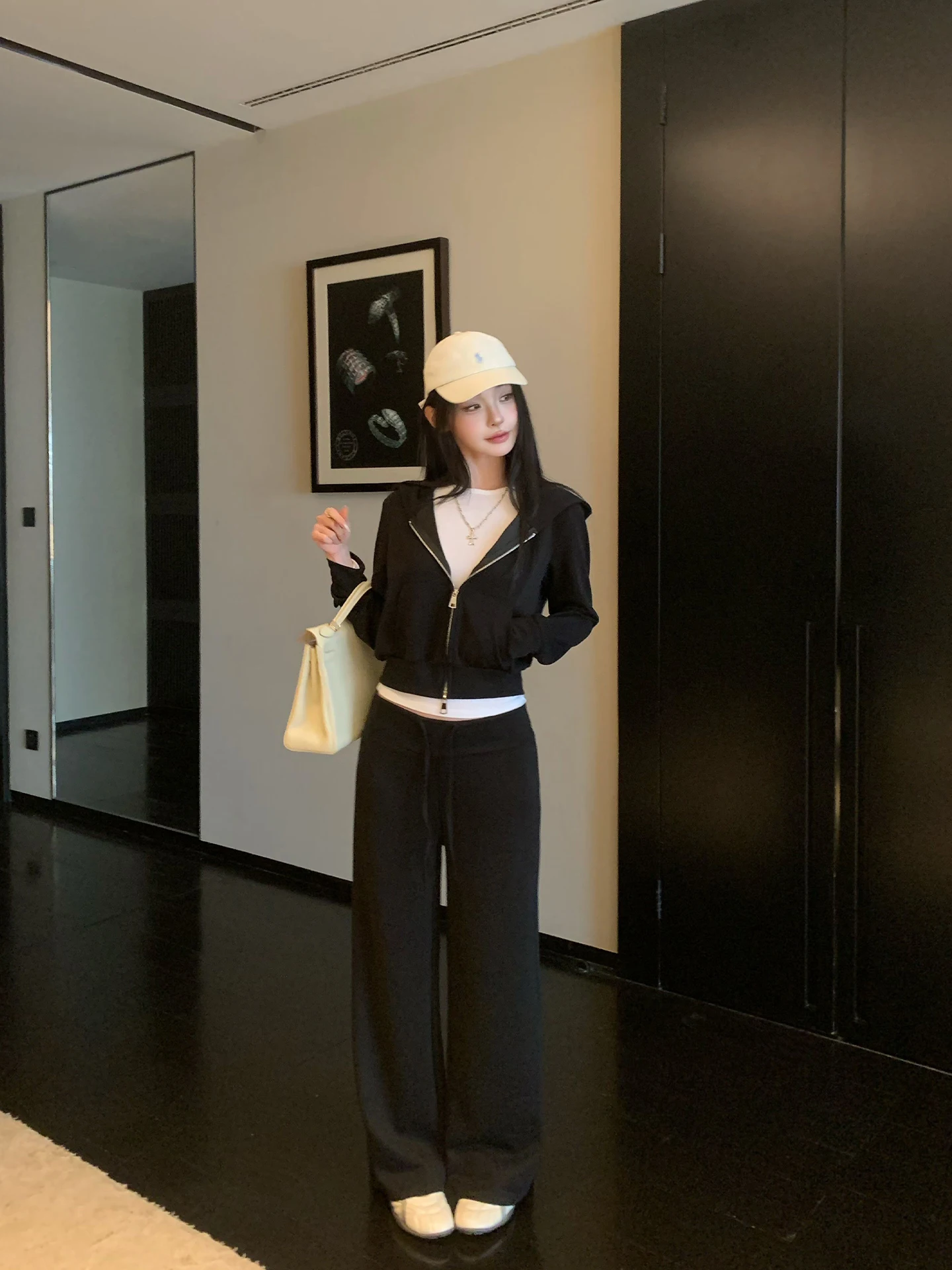 

Удобный комплект: худи и повседневные брюки для женщин, осенне-зимний, с высокой эластичностью, декорированный молнией, удлиненный