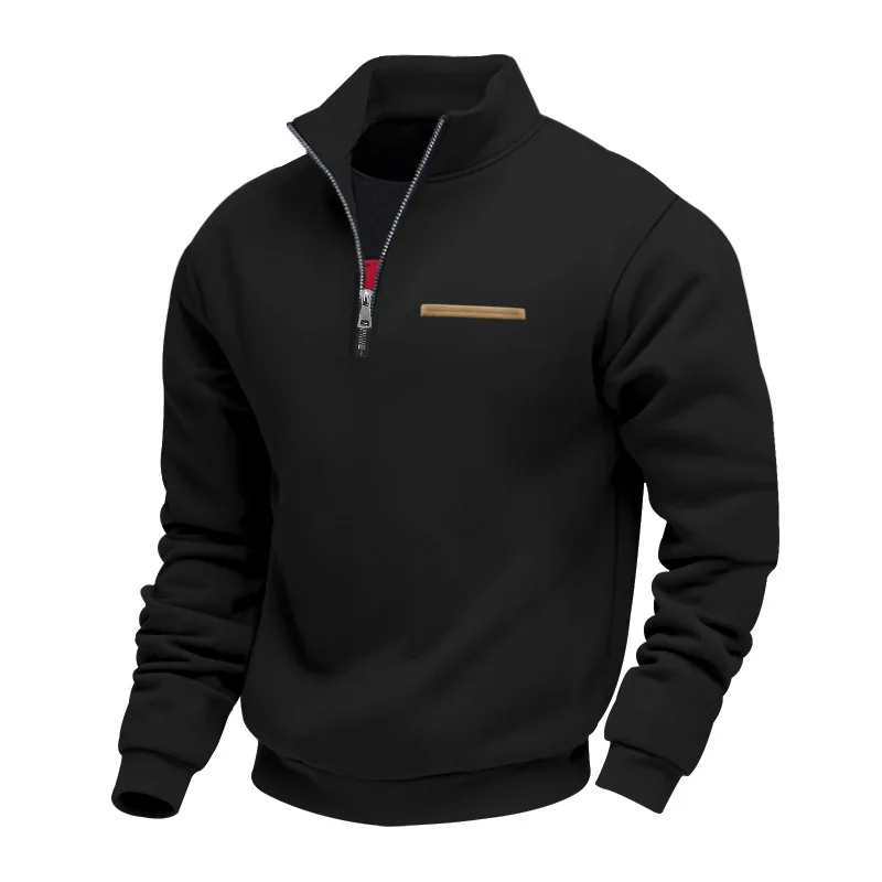 Amerikanischer Herbst- und Winter-Herrenpullover aus schwerem Fleece mit langen Ärmeln, halbem Reißverschluss, lockerem Schnitt und Stehkragen – Detail 14