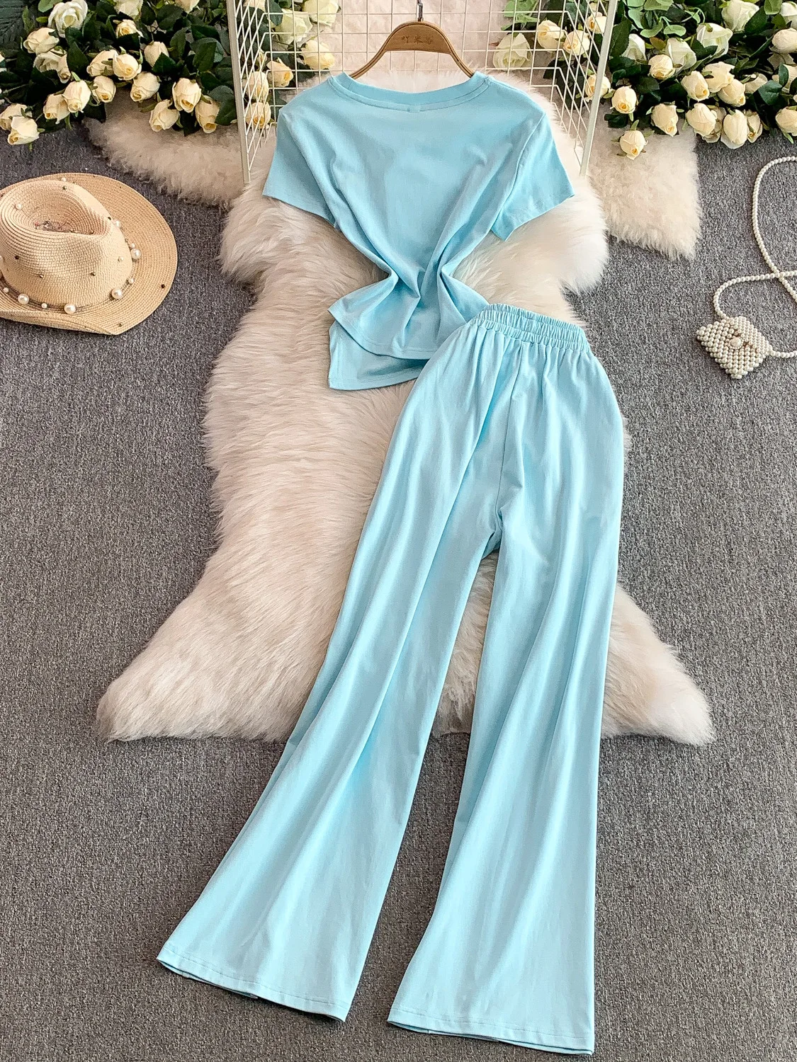 

Корейская трикотажная футболка с вышивкой и высокой талией, комплект широких брюк, неровный дизайн, пояс, эффект похудения, летняя мода