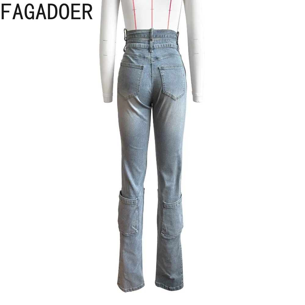 FAGADOER-حمولة عالية الخصر مع جيب للنساء ، جينز جينز أزرق ، قوارير رعاة البقر للإناث ، خصر مرتفع ، بنطلون جينز بأزرار ، الموضة ، الموضة