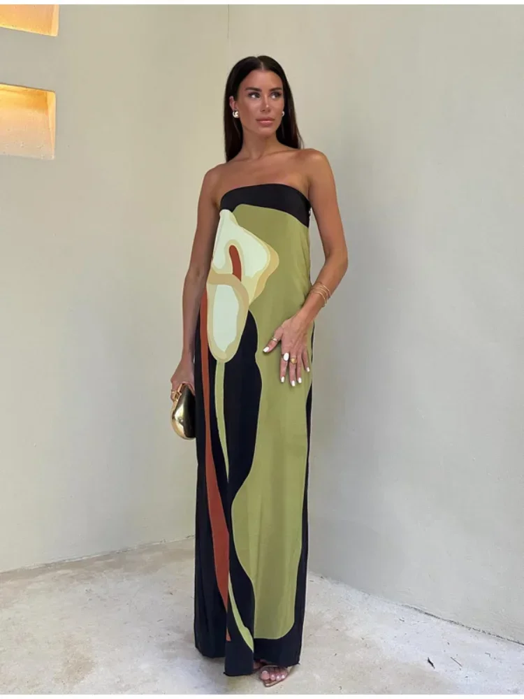 

Women Avocado Print Strapless Dress Women Sexy Off Shoulder Backless Maxi Robes Summer Chic Female Holiday Beach Party Dresses