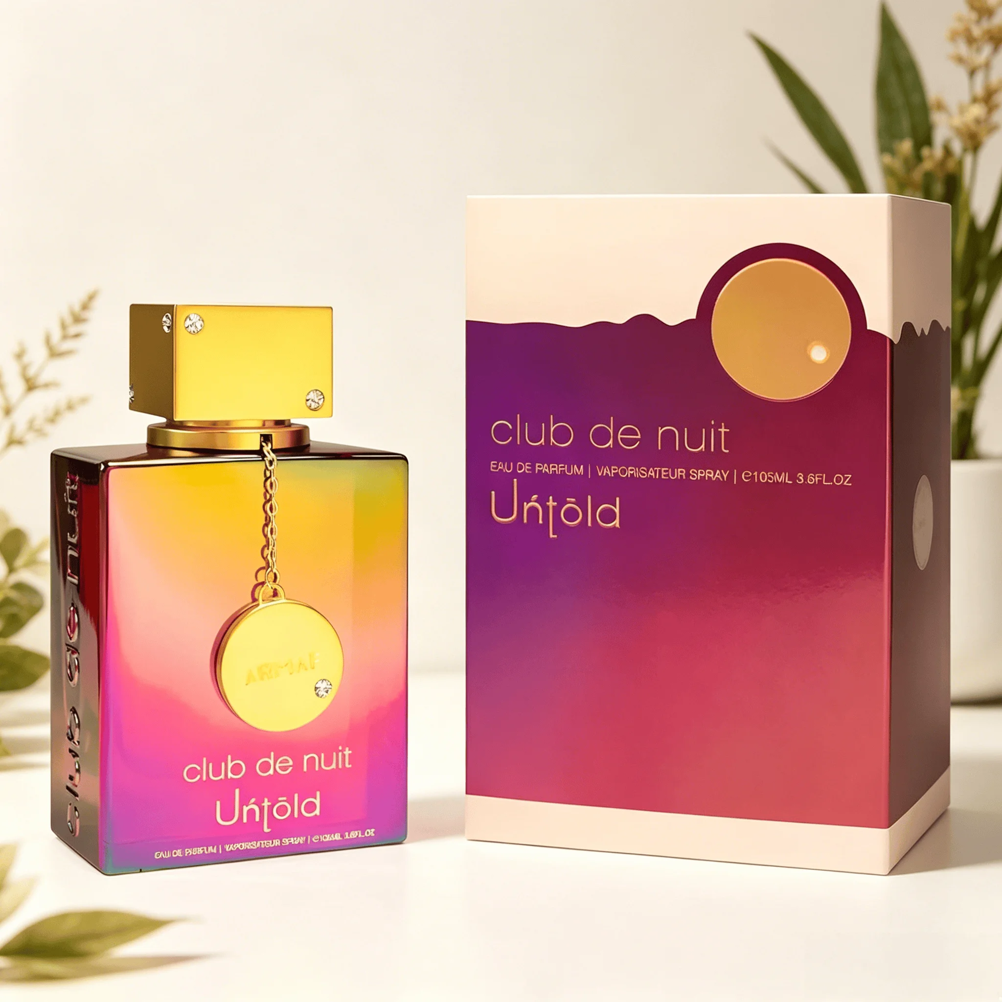 

ARMFA Club De Nuit Untold Eau de Parfum 105ML With Original Sunset Gradient Gift Box Long Lasting Rich Sweet Floral Vanilla Musk Fragrance Women Perfume Iridescent Rainbow Square Bottle Gold Chain Pendant Cap Glam Night Scent Party Holiday Gift for Ladies