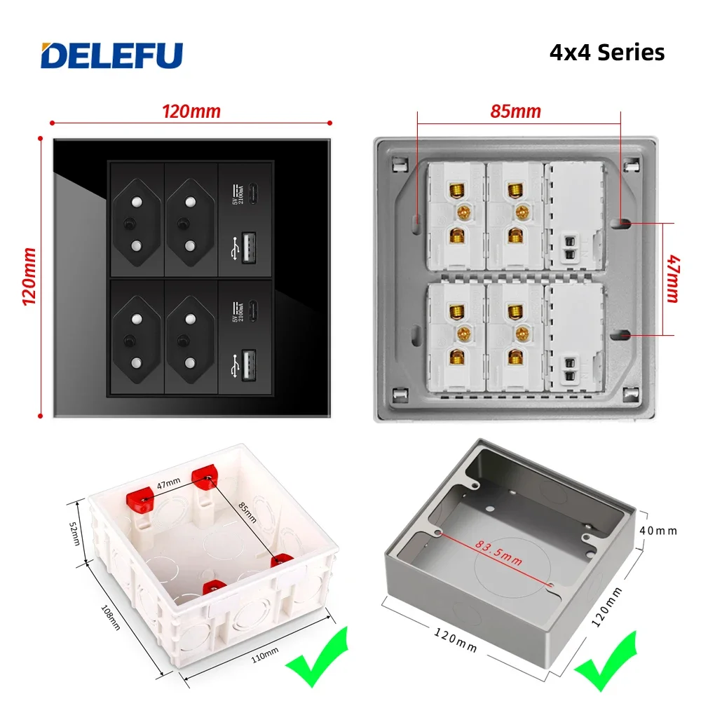 DELEFU 4x4 Fireproof Glass Panel Brazil Standard Outlet Double USB Type C Wall Power Socket Light Switch Office Black 10A 20A