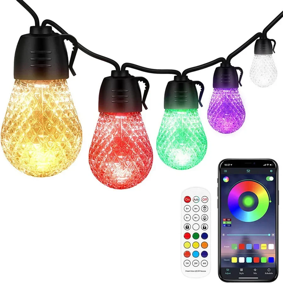 Natal Fairy String Light com Music Sync Guirlanda, jardim ao ar livre, pátio de corda, quintal, aplicativo inteligente, 25 lâmpadas globo, 48ft