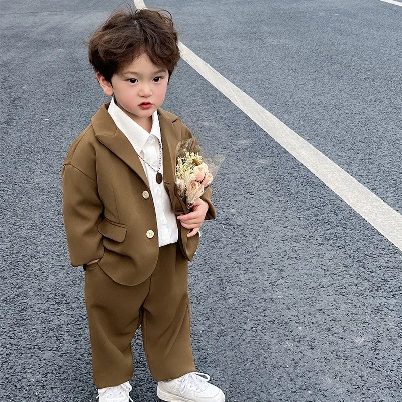 Boys Coat +Pants Kids Suits Tracksuit 2PCS/Set 2023 Khaki Spring Autumn Cotton Birthday Gift Children Clothing