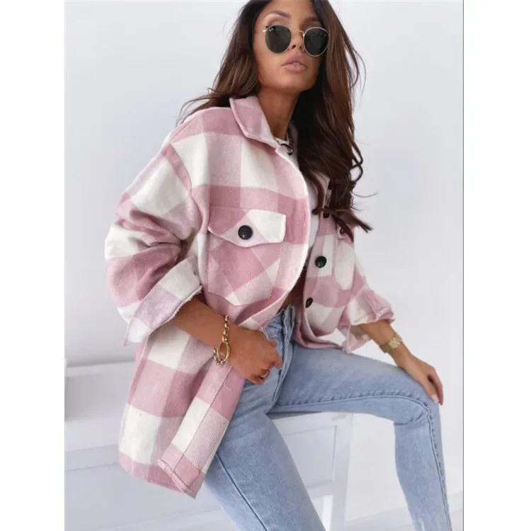 Women Casual Vintage Tweed Plaid Shirt Button UP Oversize Shirt Spring Autumn Chic Ladies Loose Shirt Elegant Female Outfits