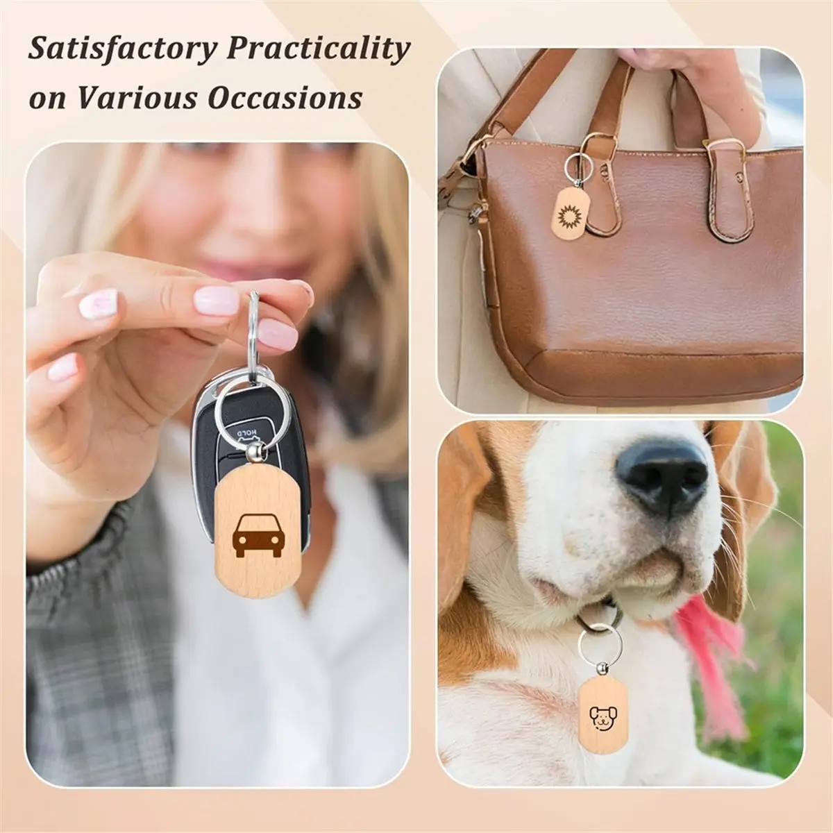 70 PCS Wooden Keychain Blanks, Wood Engraving Blanks Key Chain, Unfinished Rectangle Round Wood Key Tag