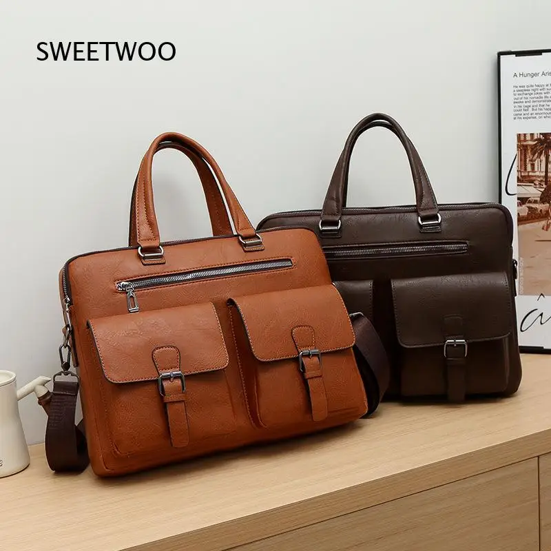 Men Vintage PU Leather Briefcase Multi Pocket Handbag 15.6 Inch Laptop Shoulder Messenger Bag for Business Office