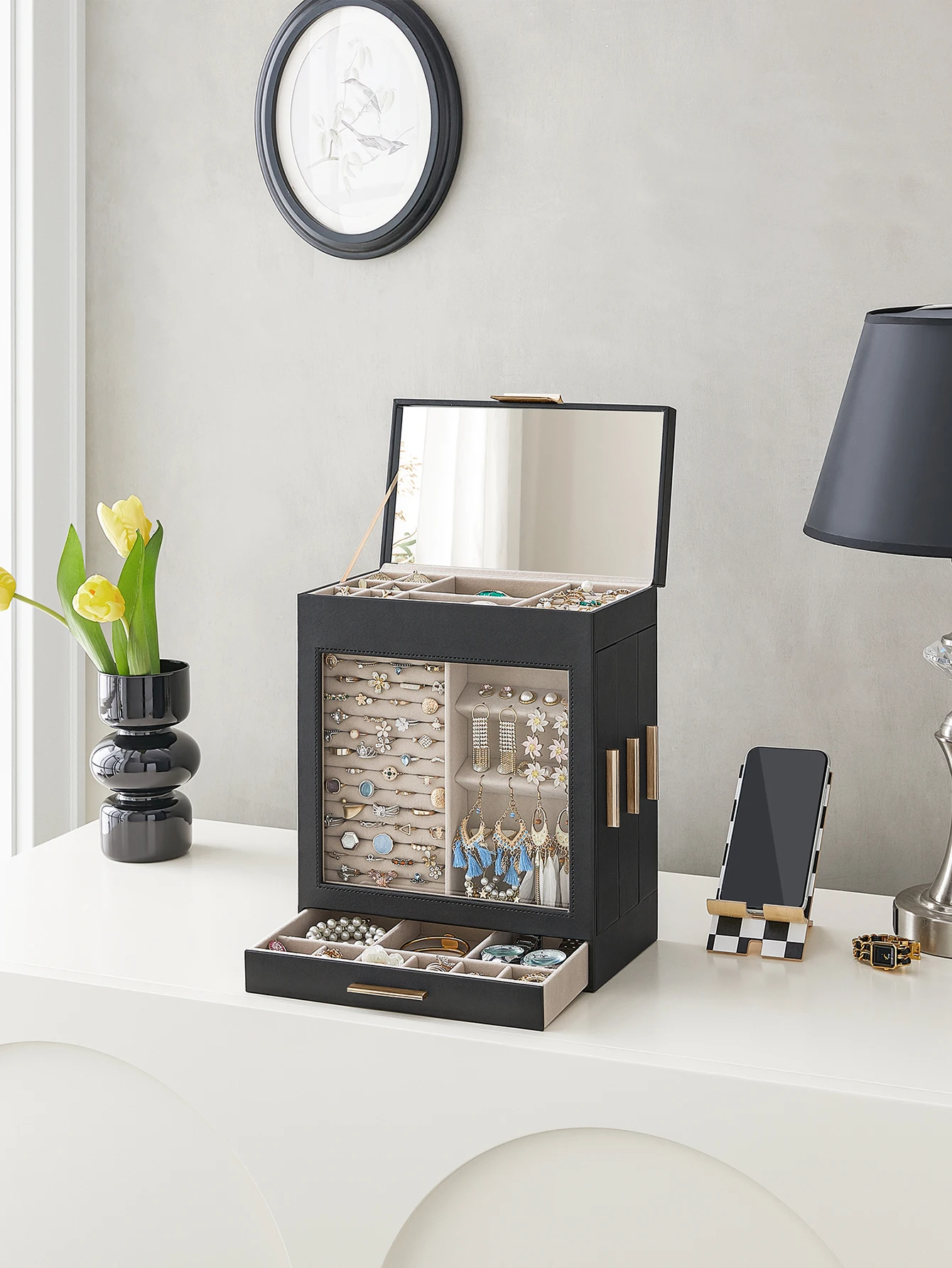 Jewelry Box With Glass Window, 5-Layer Jewelry Organizer With 3 Side Drawers, Jewelry Storage, With Big Mirror, Modern, 6.1 X 10.3 X 12.6 Inches, Gift Back To School Dormitory Storage