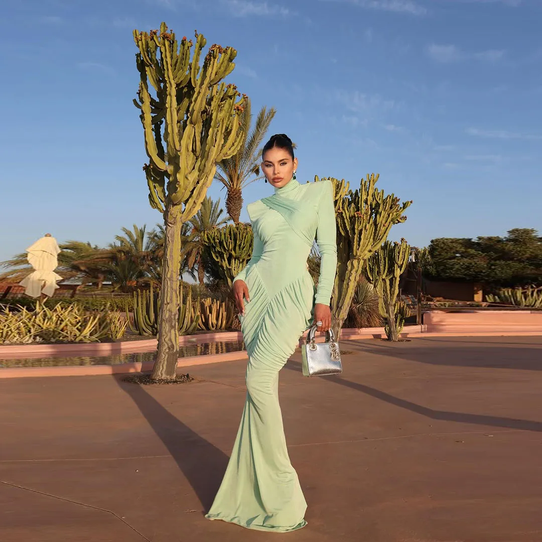 

Trendy Long Sleeve High Neck Muslin Women Prom Dresses Saudi Arabia Fashion Backless Pleat Long Slim Mermaid Formal Party Gowns