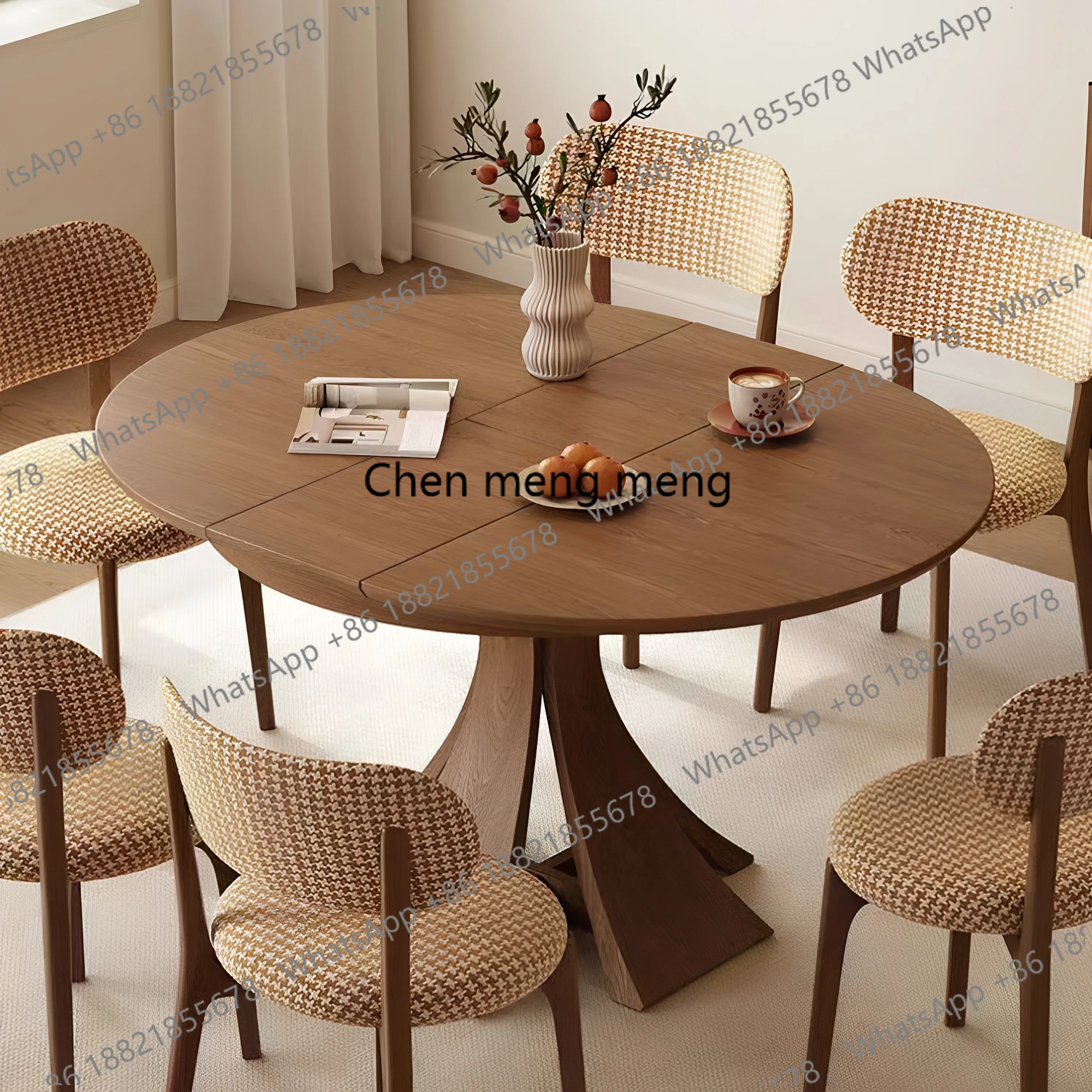 Mid-ancient style all-solid wood telescopic round dining table variable oval stretching small apartment multi-functional