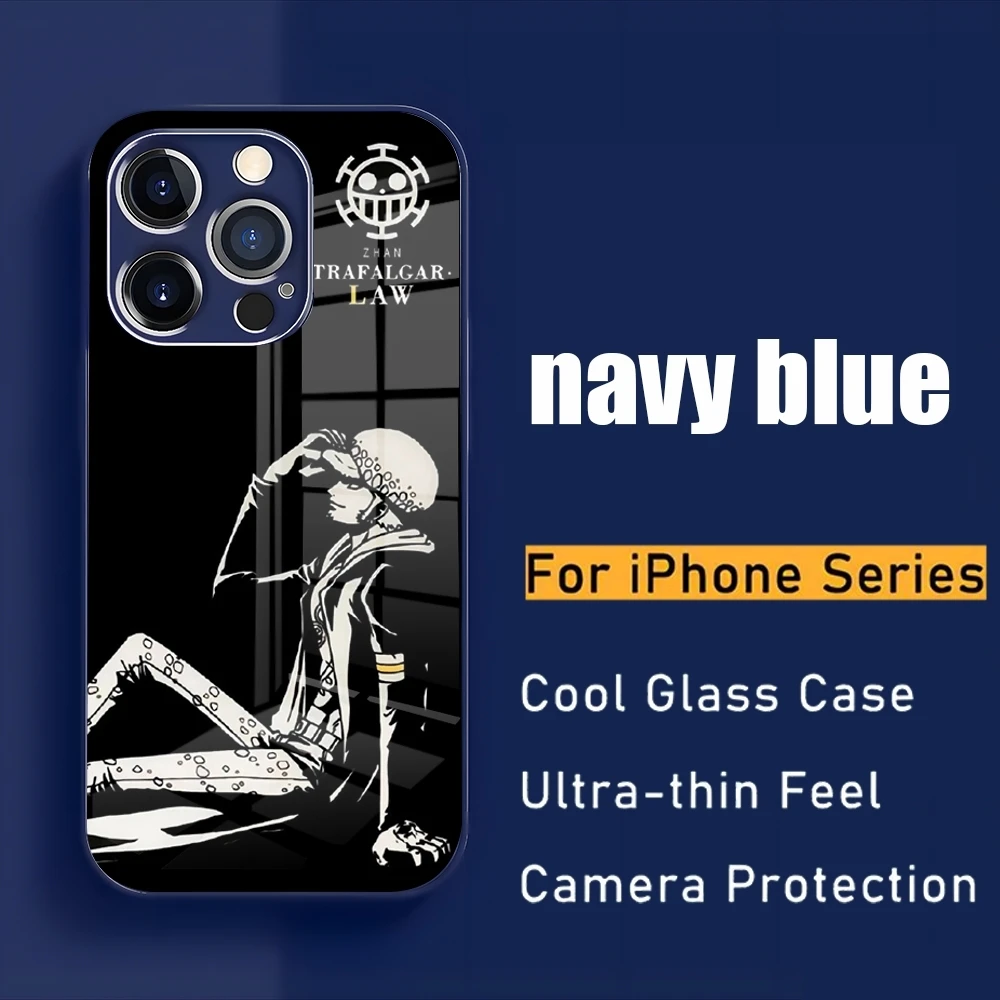 O-one Pieces Phone Case 2024  New For IPhone 14 Pro 13 15 11 12 XR XS MAX 7 8 X Plus 13 Navy Blue Glass Covers