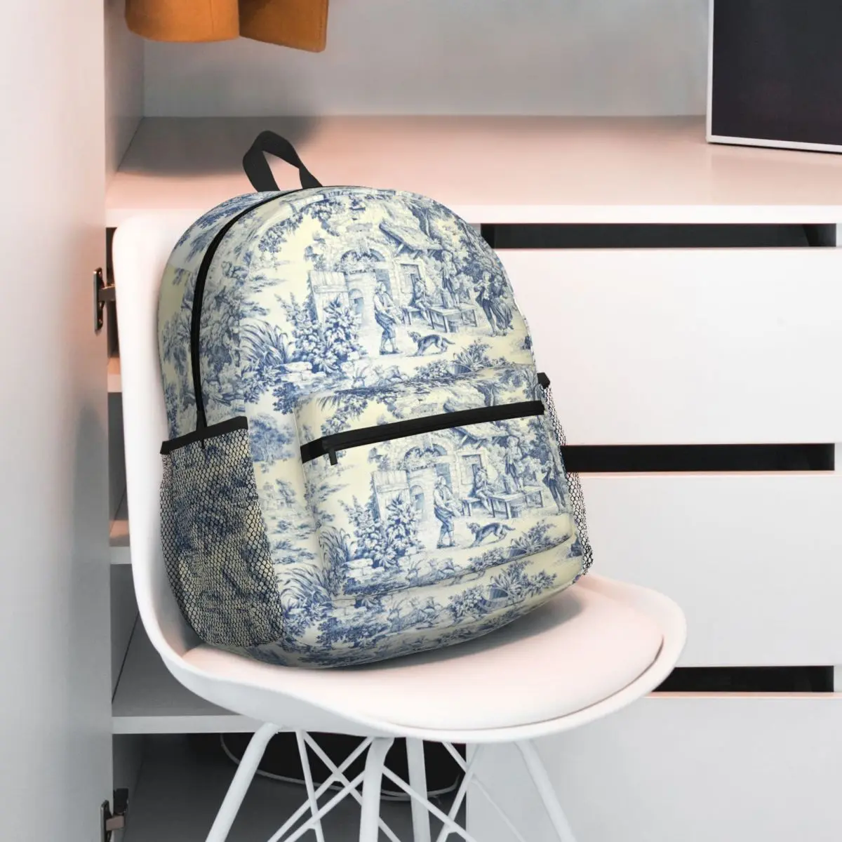 Toile De Jouy Navy Blue Motif Backpack Student BookBag Kids School Bag Laptop Shoulder Bags for Boys Girls