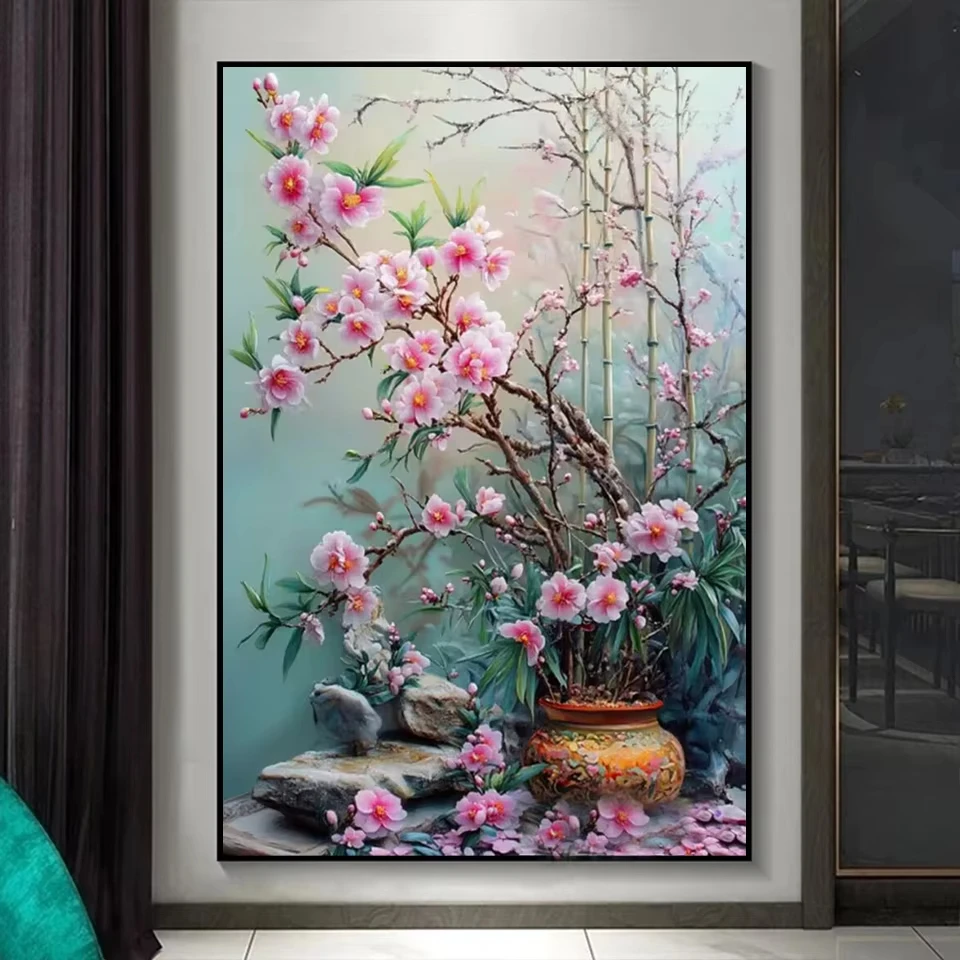 Neues 2026 Diamanten-Malerei Wandkunst Pflaumenblüte Bambus Vase DIY Vollmosaik Strass Stickerei Kreuzstich-Set Heimdekoration