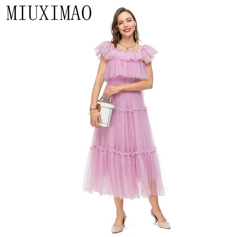 MIUXIMAO 2023 High Quality Summer Elegant Dress Sleeveless Square-Neck French Romance Solid Fashion Long Dress Women Vestides