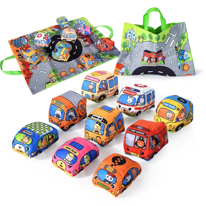 Set di auto in panno morbido Montessori libro di stoffa borsa per autobus tridimensionale 0 anni + giocattolo interattivo per la prima educazione del bambino