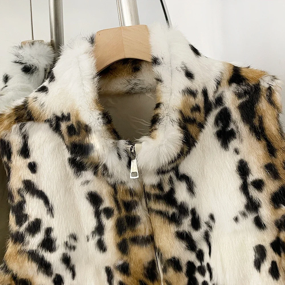 OFTBUY Neue Winter-Luxus-Oberbekleidung für Damen, Echte Kaninchenfell-Weste mit Stehkragen, Reißverschluss, Ärmellos, Natürliche Pelzweste für Damen – Detail 4