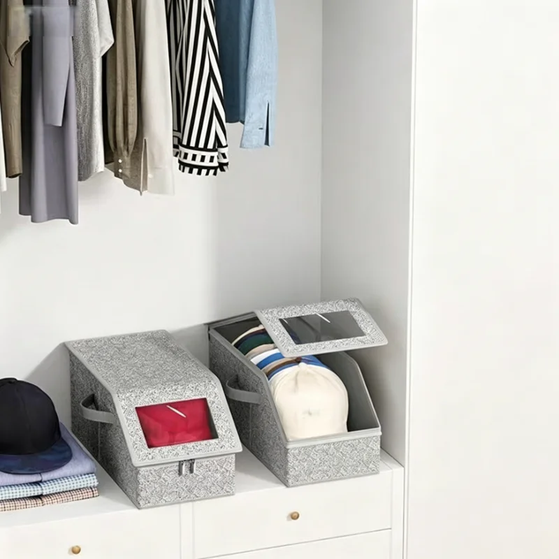 Foldable Visible Window Cap Storage Container, Zipper Closure Hat Organizer Box for Closet Shelf Baseball Hat Collection