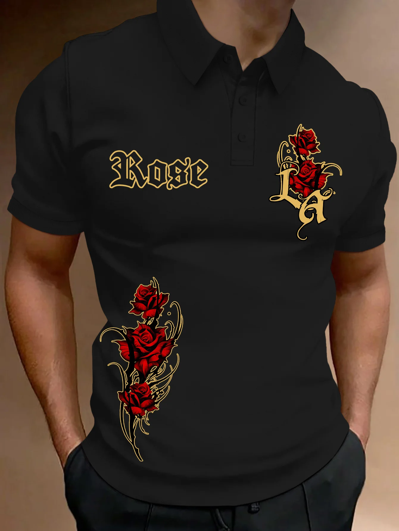 New Men's Short Sleeve Polo Street Style Rose Fusion Gothic Slogan Printed Polo