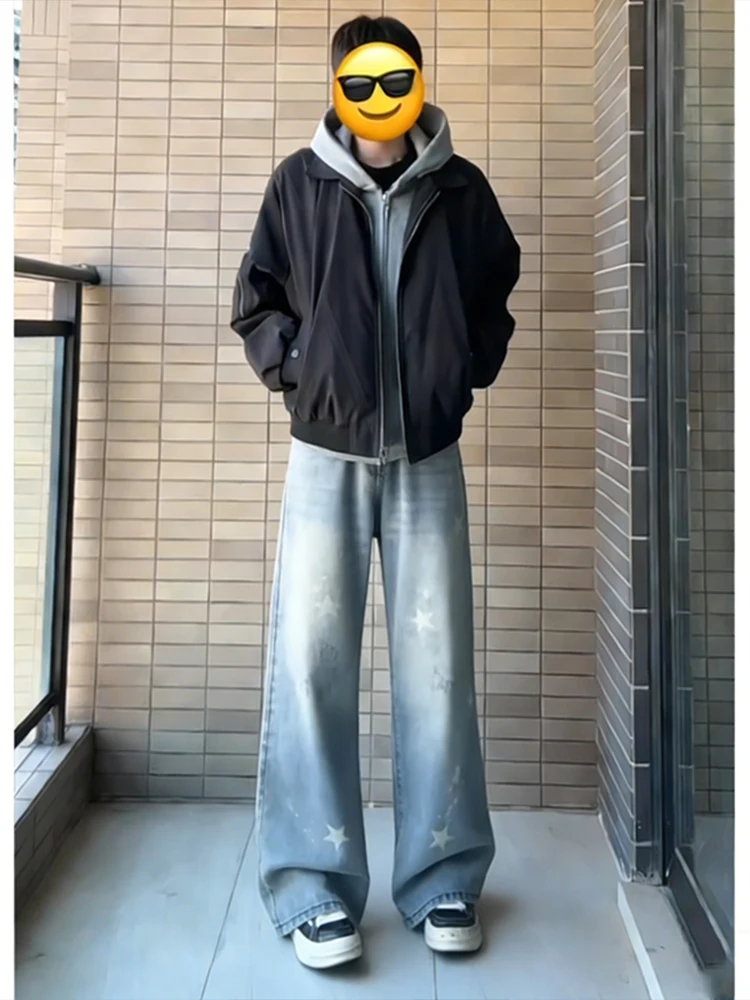 

American Sle High Waist Straight Leg Jeans Men's Print Bell Bot Retro High Street Cleanfit Trendy Brand Denim Pants