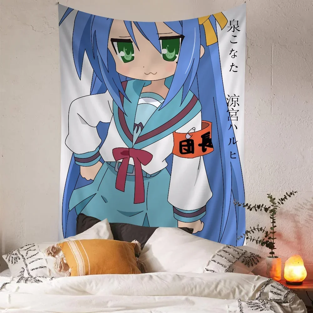 Original Anime-Style Girl Illustration Tapestry Wall Hanging Polyester Fabric Blue Hair Green Eyes Bohemian Room Decor