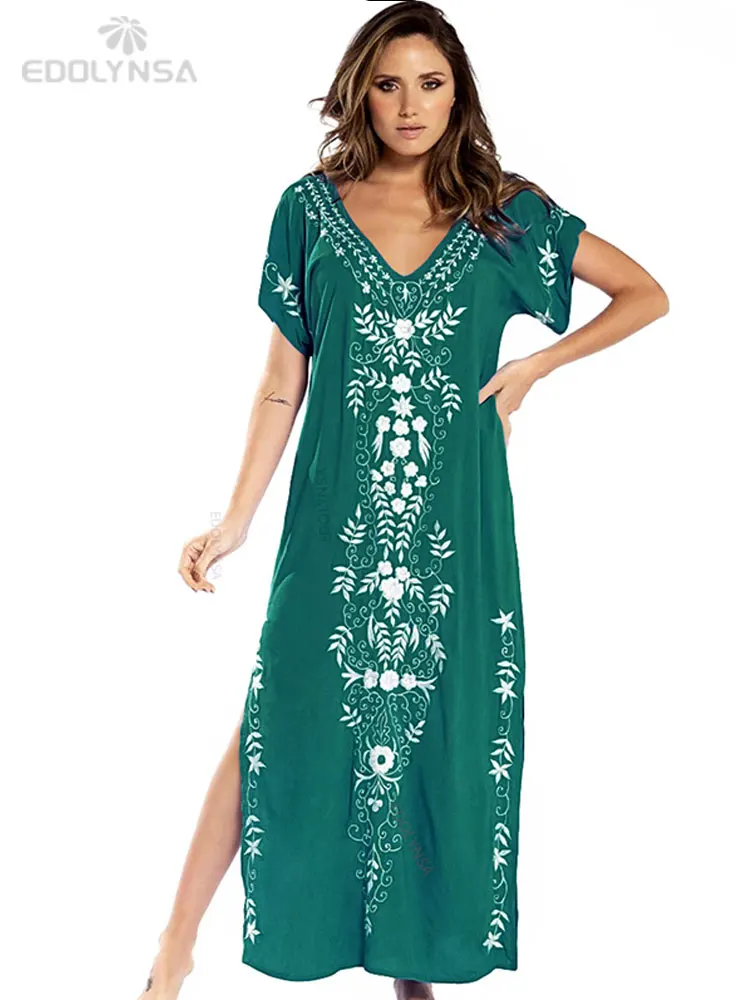 2023 Indie Folk Lace Up V-Neck Batwing Sleeve Summer Beach Dress  Tunic Women Beachwear kaftan Maxi Dress Robe Sarong Q775