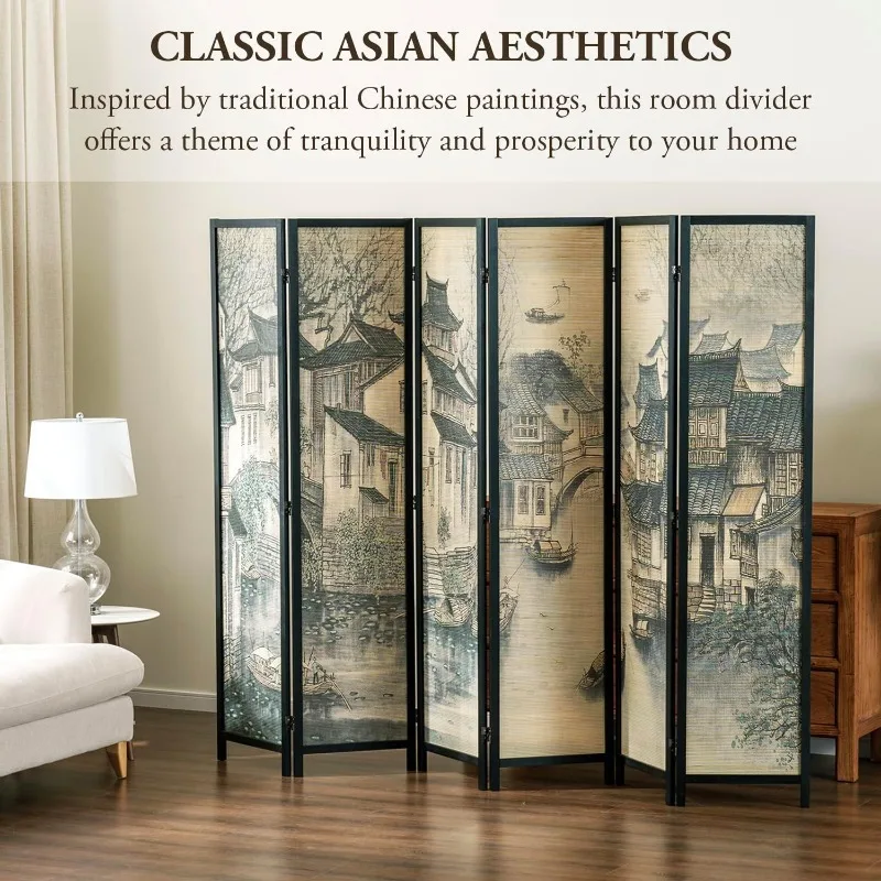 6 Panel  Freestanding Bamboo Room Divider Privacy Partition with Dual-Sided Vintage Asian Water Village Ink Brushed