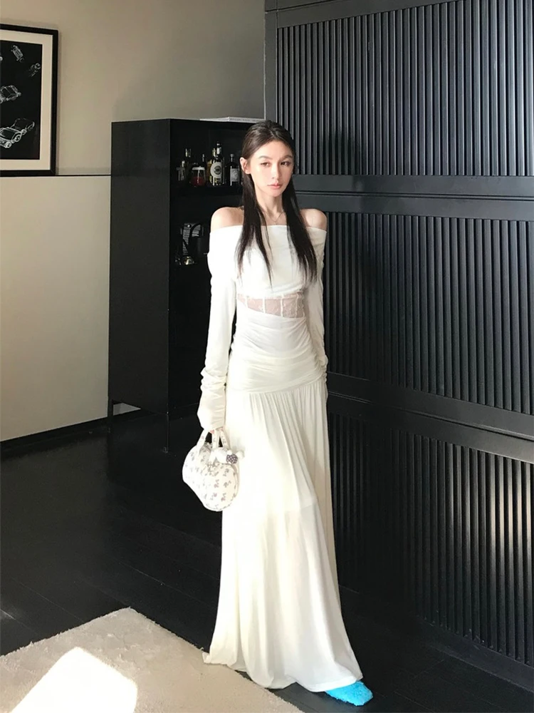 

One Shoulder Three Color 2025 New Long Dresses For Women With Hollowed Out Lace Pleated Base Shirt And Half Body Skirt Traf Suit