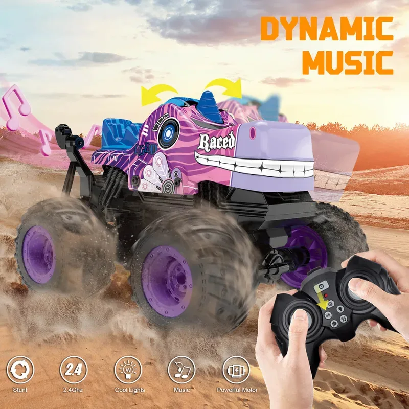 

TEMIKIDS 2.4G RC Car Music Lighting Remote Control Stunt Car 360 Degree Rotation Shark Head Fear Children Toy Car Birthday Gift