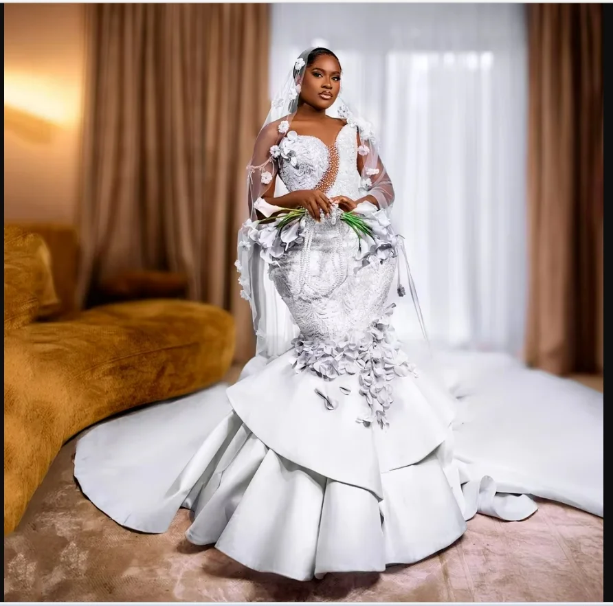 Customized Off the Shoulder Shinny Beads Sequins Africa Wedding Dress  Robe De Mariée Plus Size Handmade Flowers  Bridal Gown