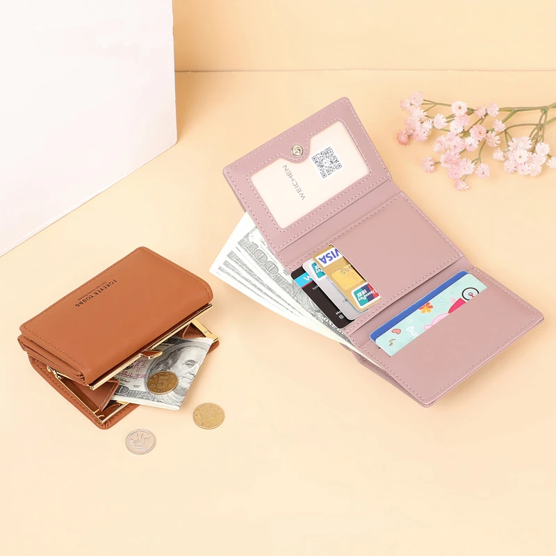 Cute Leather Women's Three-Fold Short Wallets Small Coin Purses Female Hasp Money Clutch Bag Card Holders with Free Shipping