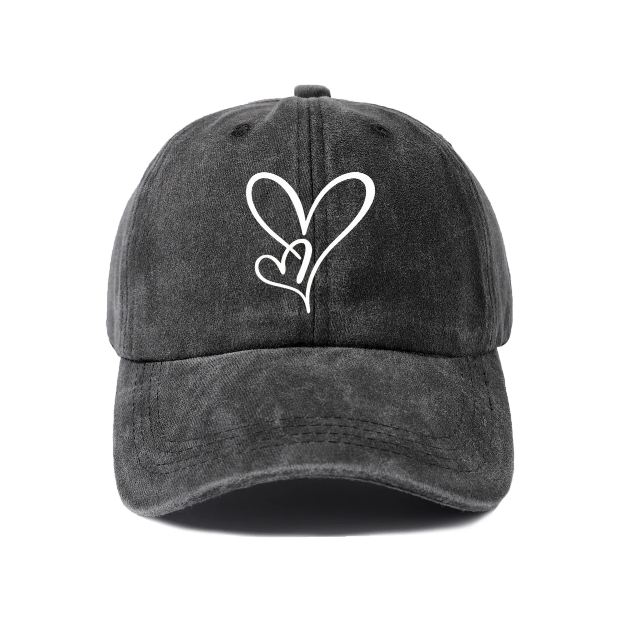 Minimal Double Heart Graphic Baseball Cap, Vintage Washed Adjustable Unisex Dad Hat, Casual Gift