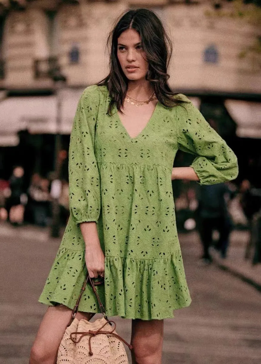 

2025 Sezanes Dress Fashion Vintage French Long Sleeve Women Heavy Embroidery Hollow Bubble Sleeve Loose Dress Women