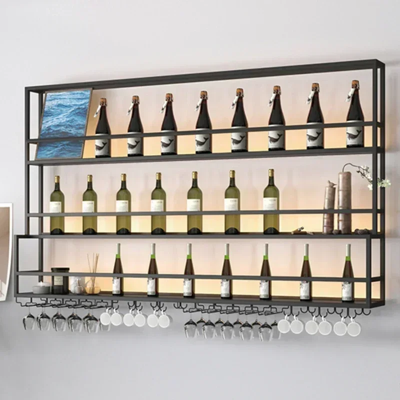 

Creative Wall-mounted Wine Rack for Kitchen Three-layer Iron Solid Showcase with Lights Modern Luxury Household Shelf for Hotel
