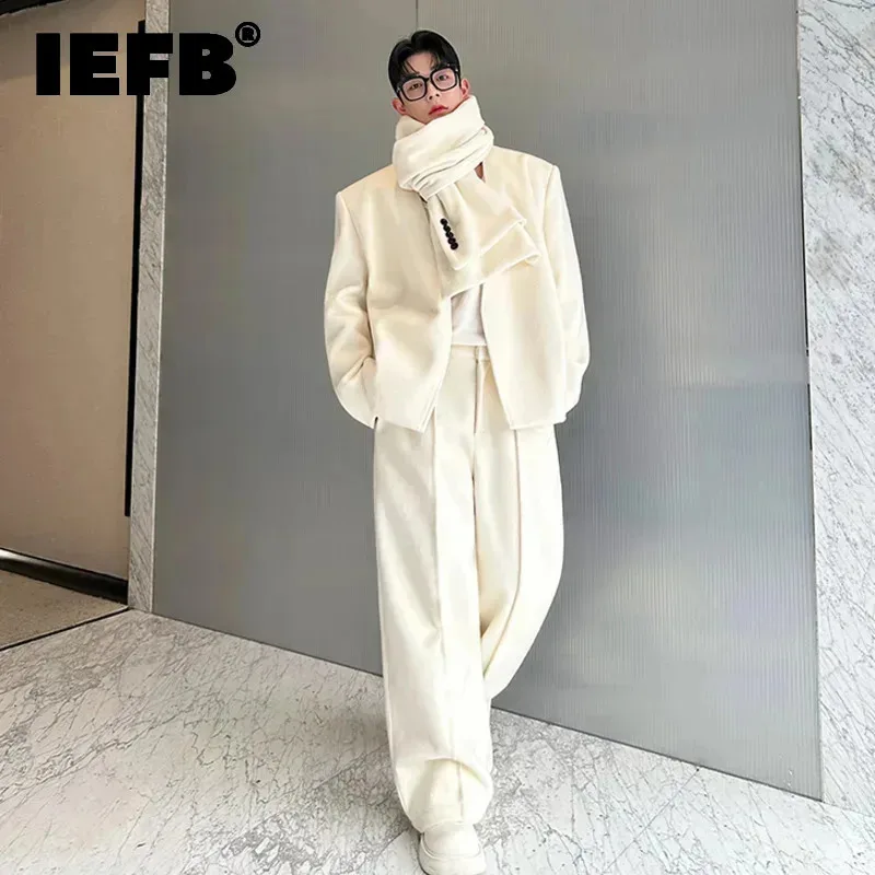 IEFB Trendy Autumn Men\'s Three-piece Solid Color Neckerchief Loose Collarless Blazer Straight Wide Leg Pants Stylish 2024 9C7937