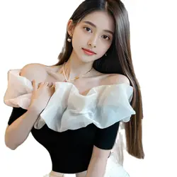 Black Sexy Tops Off Shoulder Short Sleeve T-shirt Women Elegant Spring Summer Korean Fashion Slim Fit White Crop Top