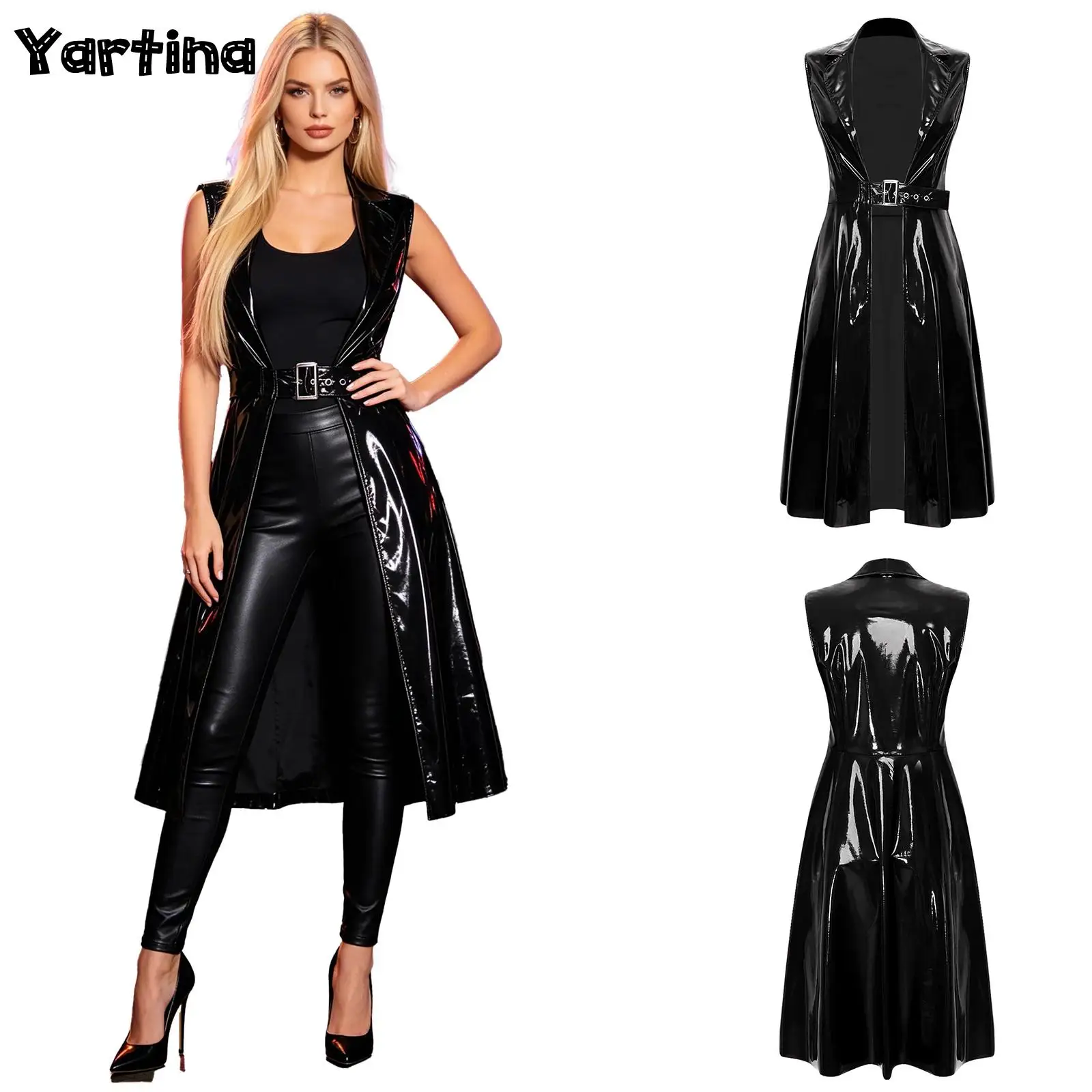 Womens Glossy Punk Long Trench Coat Lapel Belted Open Front Midi Vest Jacket Clubwear Gothic Jacket Blazer Cosplay Outerwear