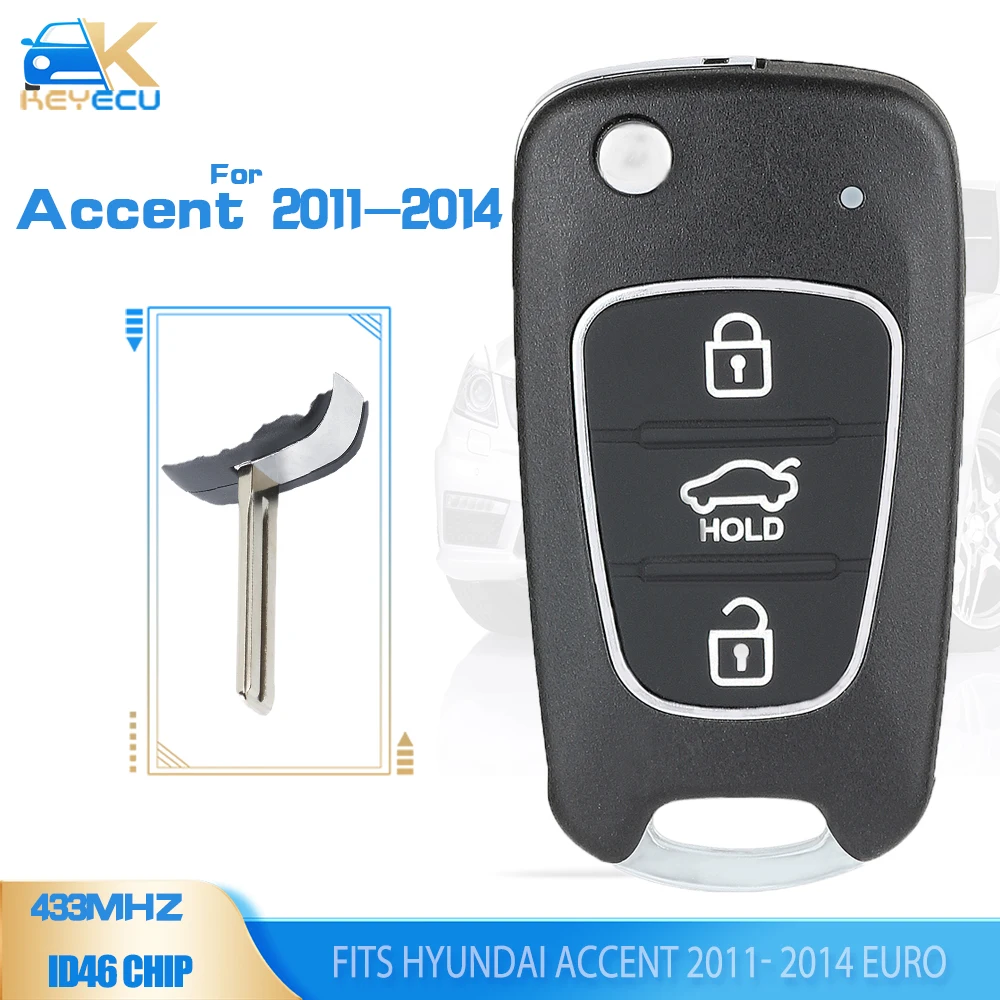 KEYECU 433MHz ID46 Flip Remote Car Key 3 Button Fob for Hyundai Accent 2011 2012 2013 2014 Euro