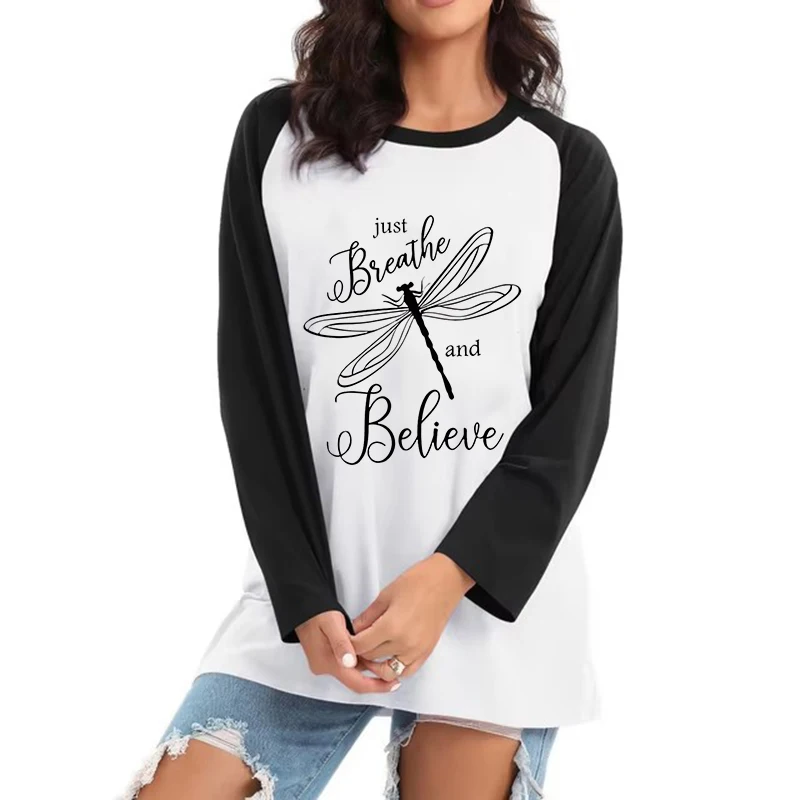 

Just Breathe Believ Design Graphic T-shirt Women's Casual Dragonfly Crew Neck Long Sleeve T Shirt Gothic Y2k Tees Tops Clothes