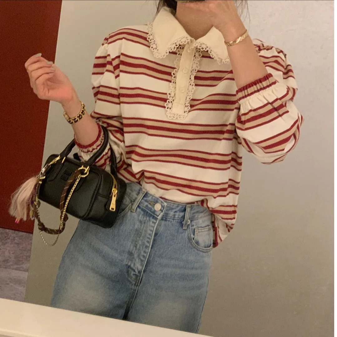 سترة نسائية فضفاضة طويلة بتصميم أنيق للخريف والشتاء وياقة مكشكشة ملونة بخطوط بلو ملابس خروج مريحة