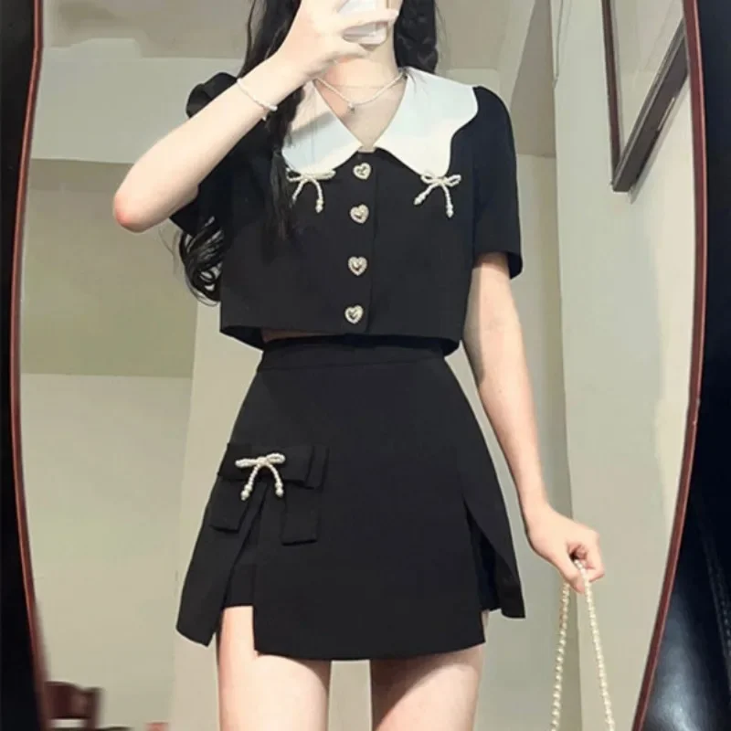 Party Women\'s Two Piece Set Lightly Cooked Short Sleeve Slit Commuting Skirt Female Outfits Mini Kawaii Black Vacation 2024 Full