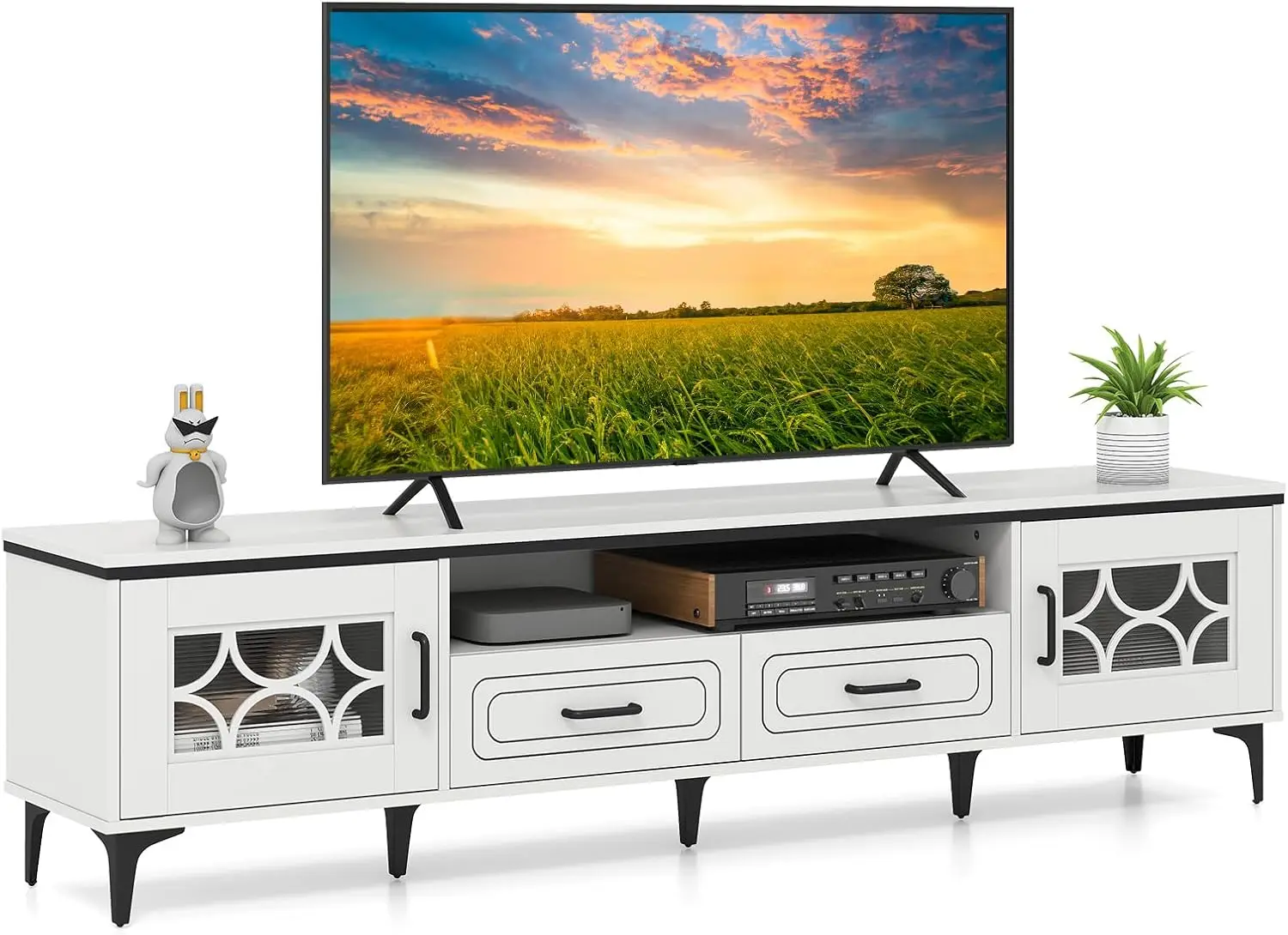 

Тумба под телевизор в стиле фермерского дома для телевизоров до 80 дюймов, развлекательный центр 71 дюйм с 2 ящиками, 2 шкафчиками и отделением, с 7 выдвижными секциями.