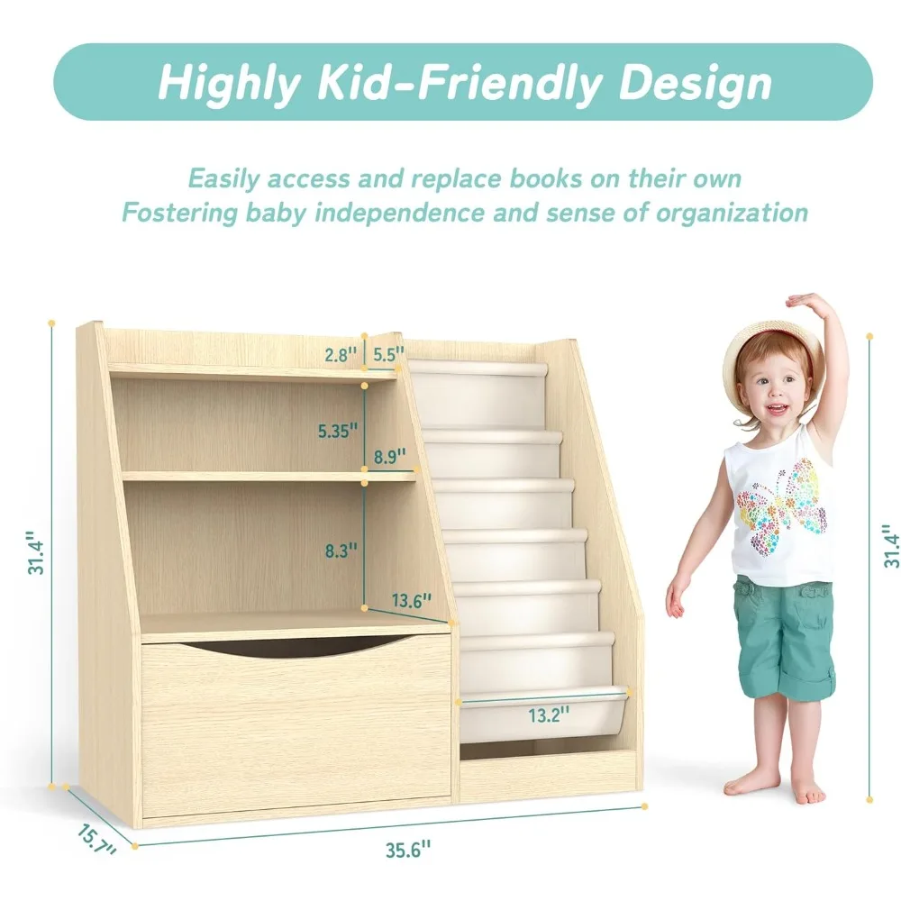 Scaffale per bambini a 3 livelli e contenitore per libri, libreria per bambini a 6 scomparti, scatole portaoggetti Scaffale per libri e organizer per sala giochi della scuola materna