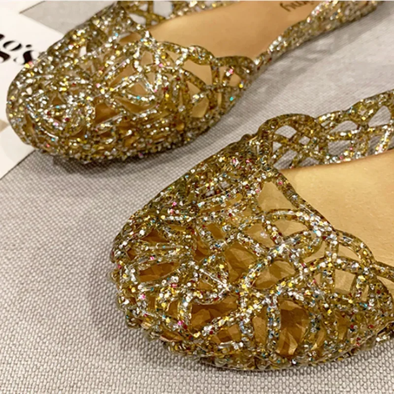 Women Jelly Shoes Dazzling Blue Gold Flats PVC Slip-Ons Round Toe Breathable Cut-Out Daily Ballet Moccasines Wide Fits EU41-36 9