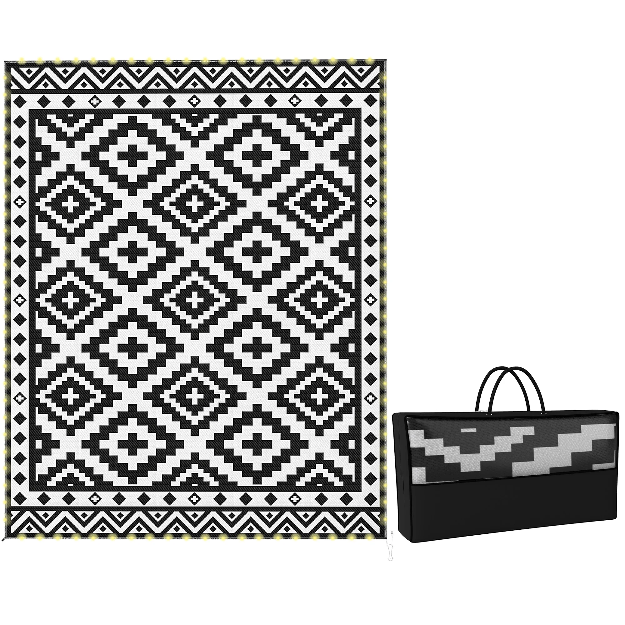 Outdoor Rug Carpet Reversible Plastic Straw Rug with LED Lights Black and White 10' x 8' for Patio