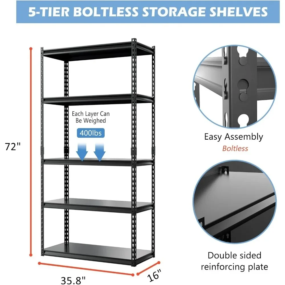 頑丈な金属製ユーティリティラック、黒いガレージ収納棚、調整可能な5層棚、35.8 "x 16" dx72 ''h、4パック、72"