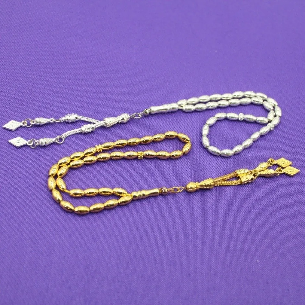 Vintage 23cm Length Prayer Beads Silver/Gold Alloy Praise Beads Rice Grain Shape Muslim Tasbih Middle East Use