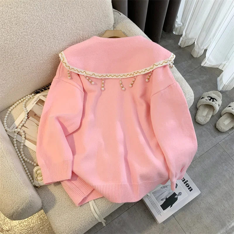 Women\'s Pink Cardigan Knitted Sweater Harajuku 90s Y2k Peter Pan Collar Long Sleeves Sweater Jumper Vintage 2000s Clothes Autumn