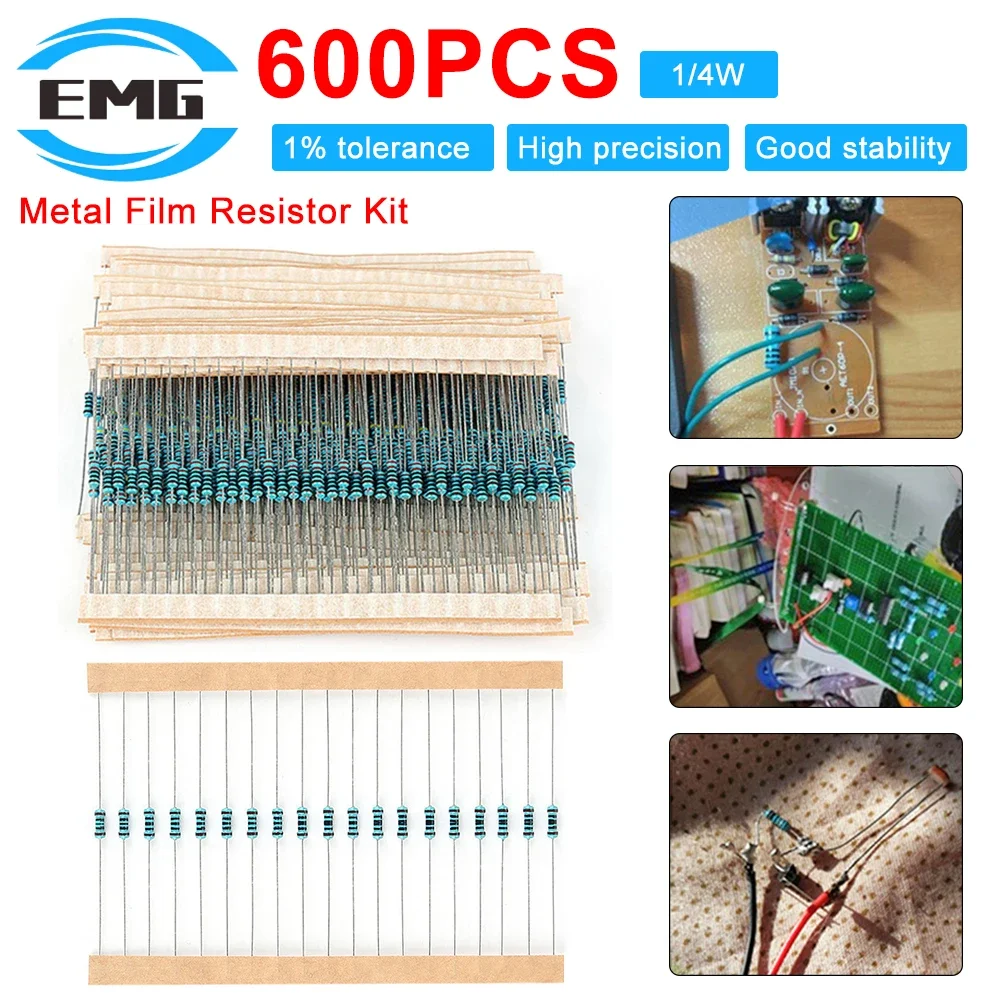 Jogo do resistor do filme do metal, 30 Kinds, 1 W, 4W, grupo da resistência de 1%, 100R, 220R, 1K, 1.5K, 2.2K, 4.7K, 10K, 47K, 100K, 220K, 1K5, 2K2, 3K3, 4K7, ohm, 600 PCes