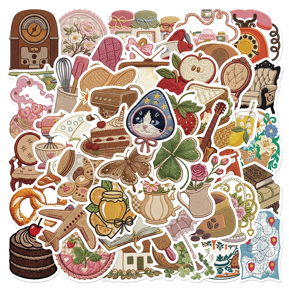 50Pcs Cartoon Retro Embroidery Stickers Decals for Journal Pencil Case Laptop Thermos Creative Decoration